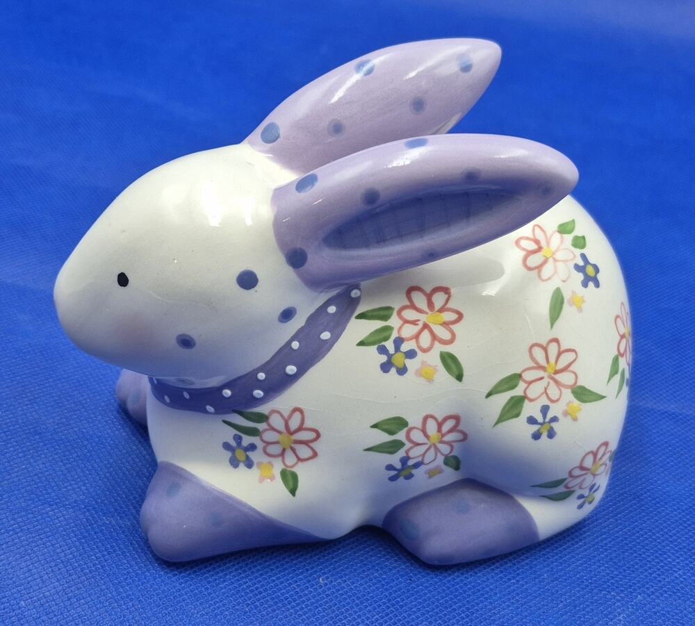 Adorable GANZ Purple White Ceramic Bunny Bank Pink Flowers 5.5"